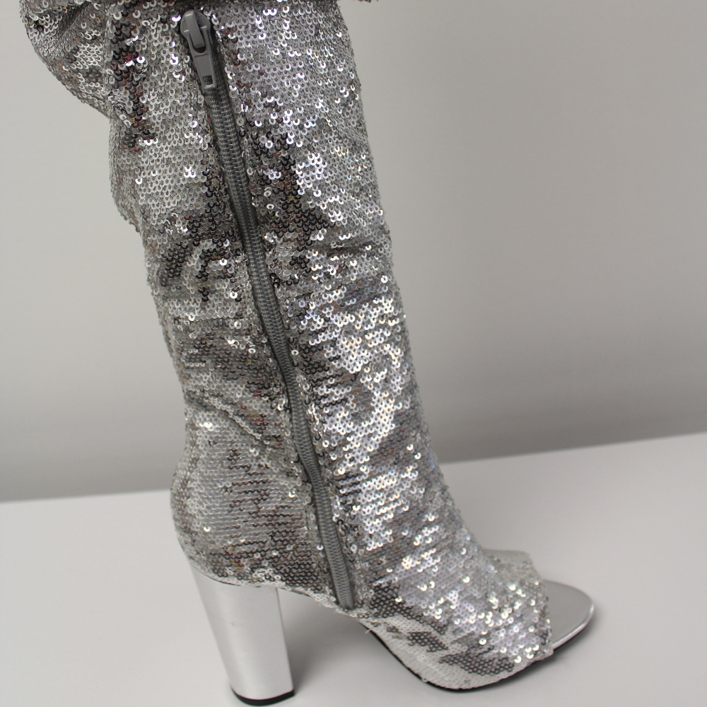 Womens Silver Sequins Over The Knee Slouchy Boots - Picture 6 of 8